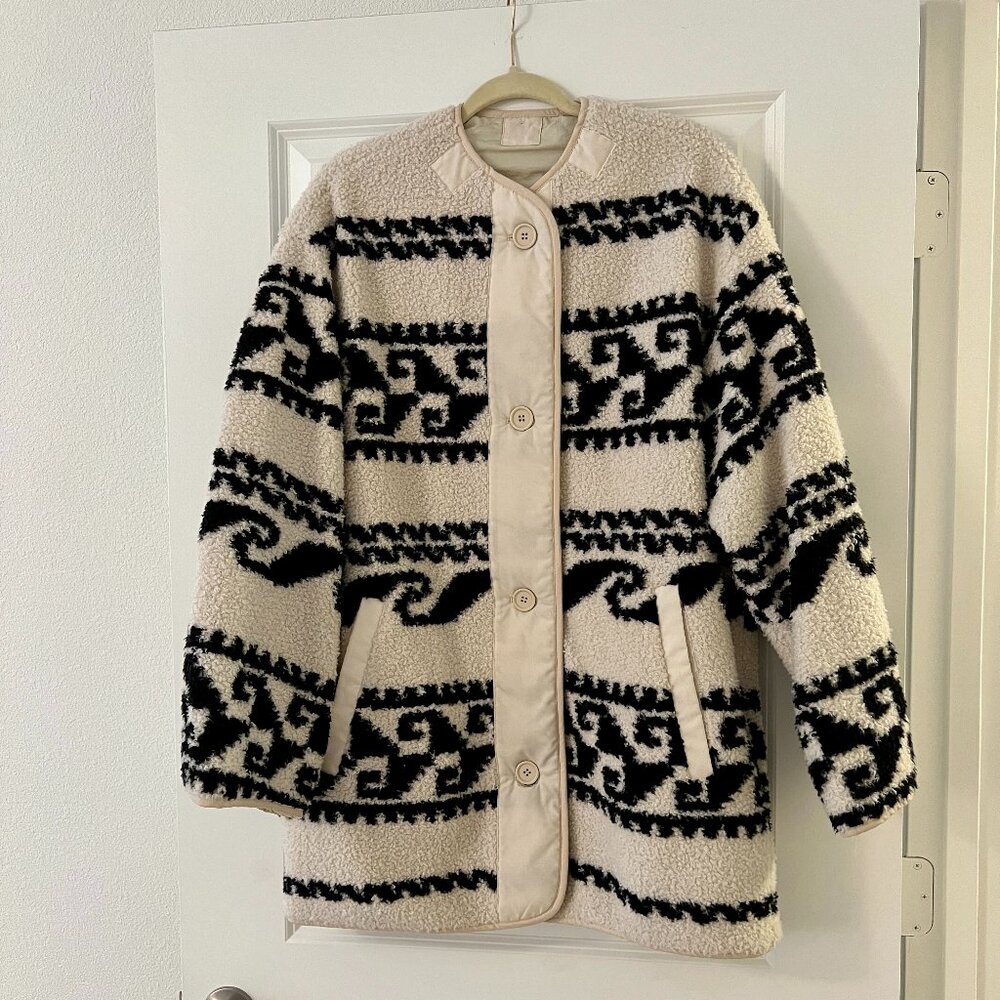 Isabel Marant Etoile Black Himemma Sherpa Tribal Print Reversible Coat Jacket